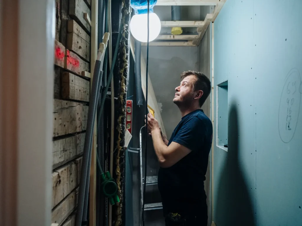 Stavros från Optimum Rörteknik kontrollerar installationerna i ett schakt